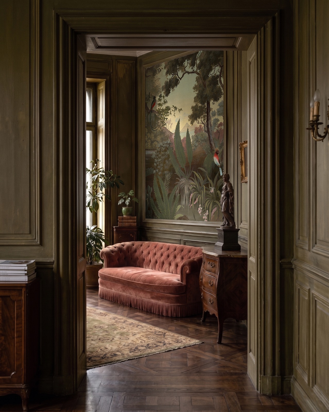 Romantic French panoramic wallpaper interior inspired by Ananbo's painterly scenic wall murals.