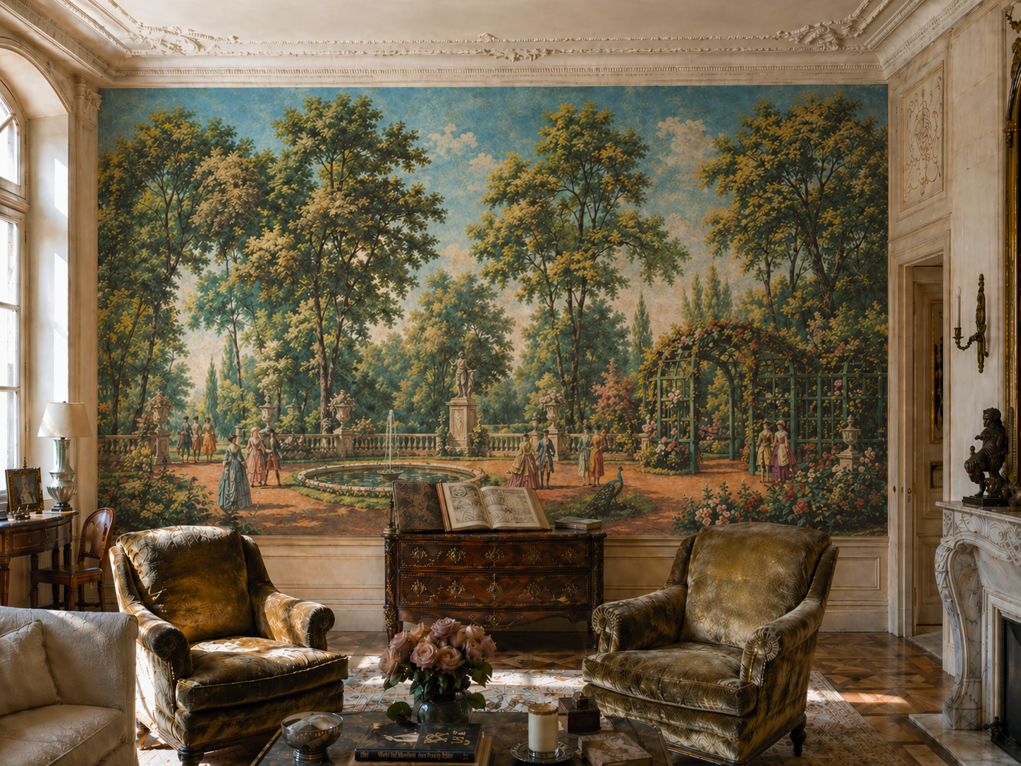 Elegant luxury interior with trompe-l'oeil wall mural creating architectural depth and painterly illusion.