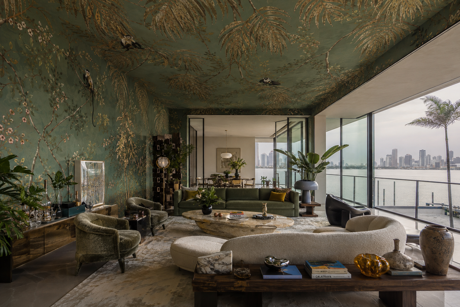 Luxury Miami waterfront living room with green tropical wall mural continuing onto the ceiling, featuring monkeys, gold foliage and designer furniture.
