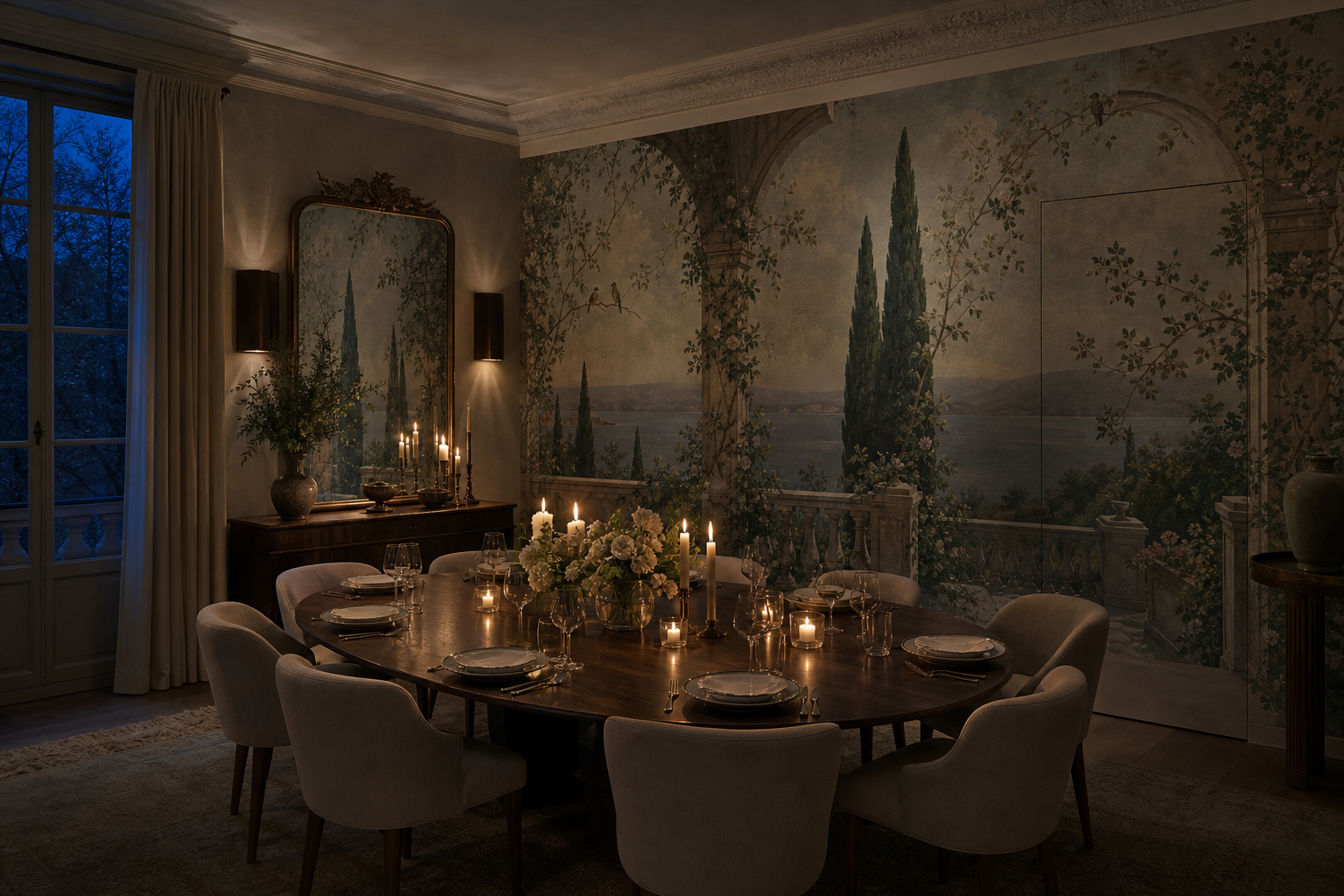 Luxury dining room with an original moonlit garden panoramic wall mural, walnut table, candlelight and bronze sconces.