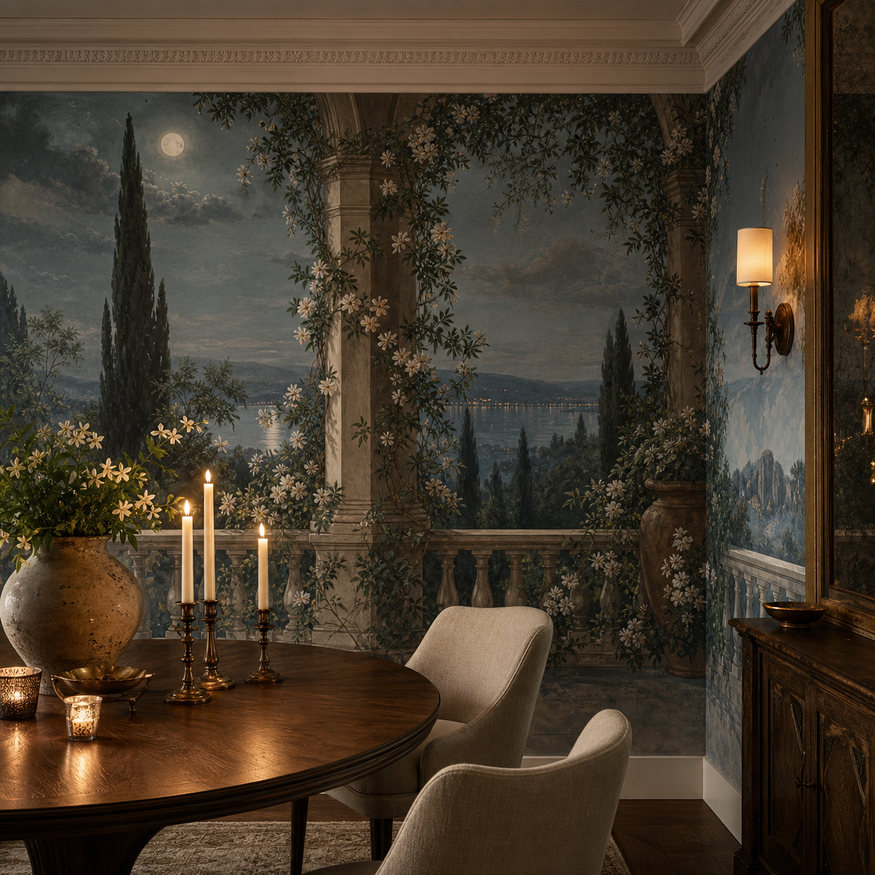 Luxury dining room with an original moonlit garden panoramic wall mural, walnut table, candlelight and bronze sconces.