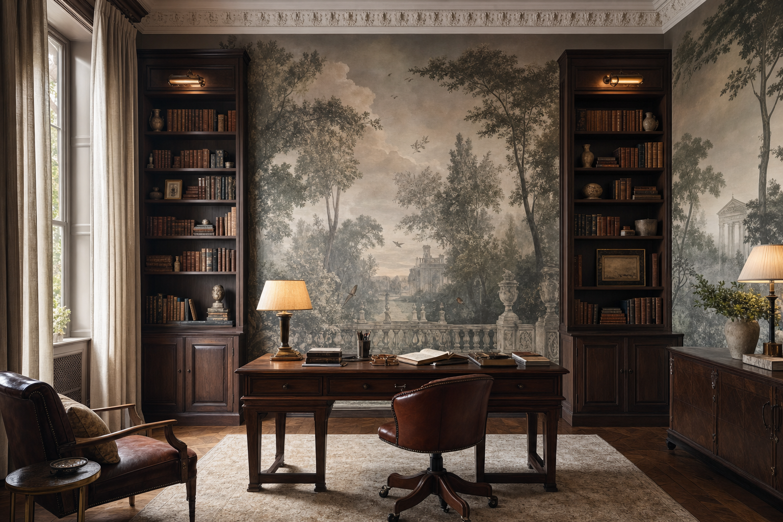 Luxury home office library with an original misted arboretum panoramic wall mural, walnut bookcases, leather chair and warm lamp light.