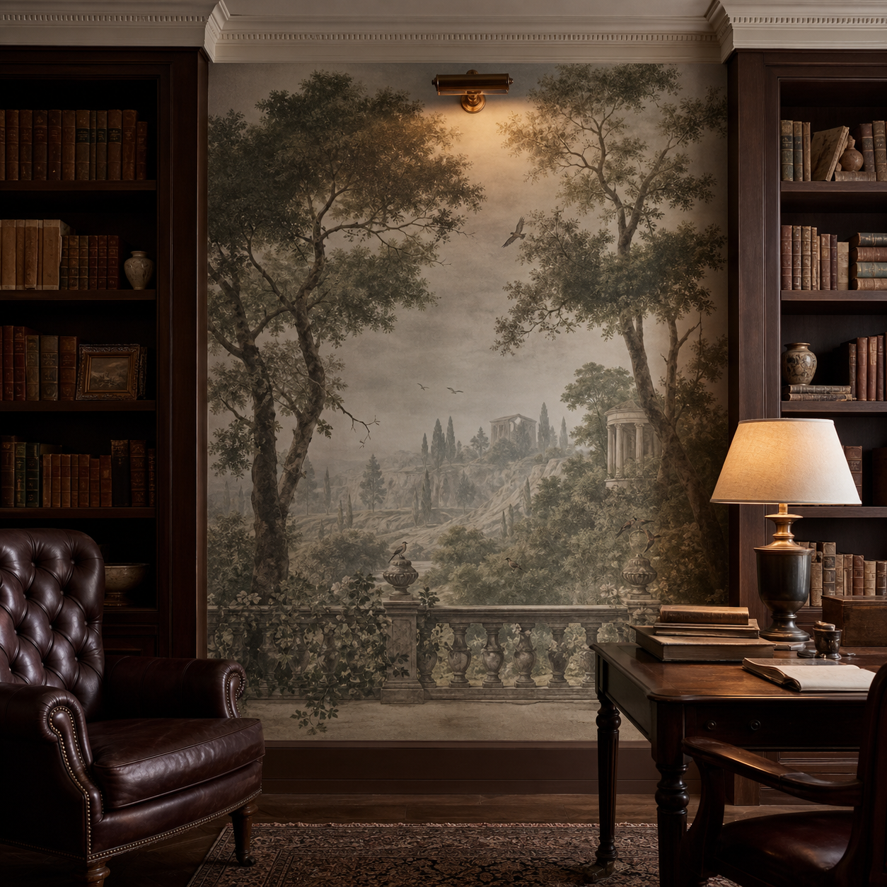 Luxury home office library with an original misted arboretum panoramic wall mural, walnut bookcases, leather chair and warm lamp light.