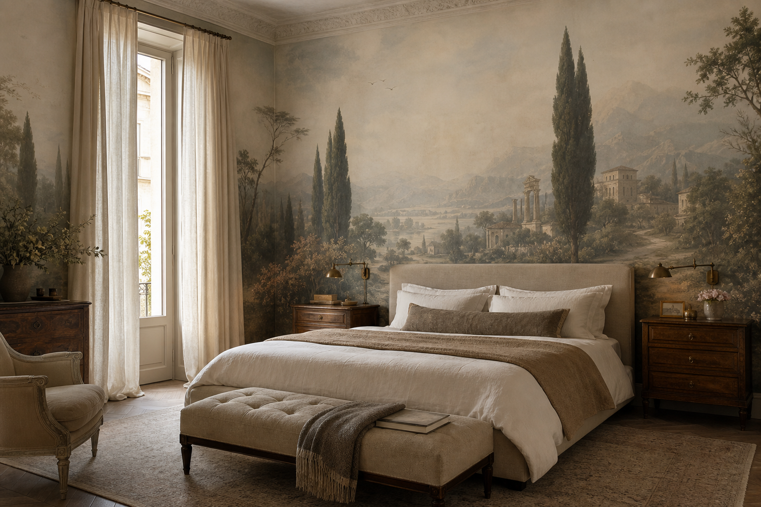 Luxury primary bedroom with an original dawn landscape wall mural, linen bedding, walnut furniture and soft morning light.