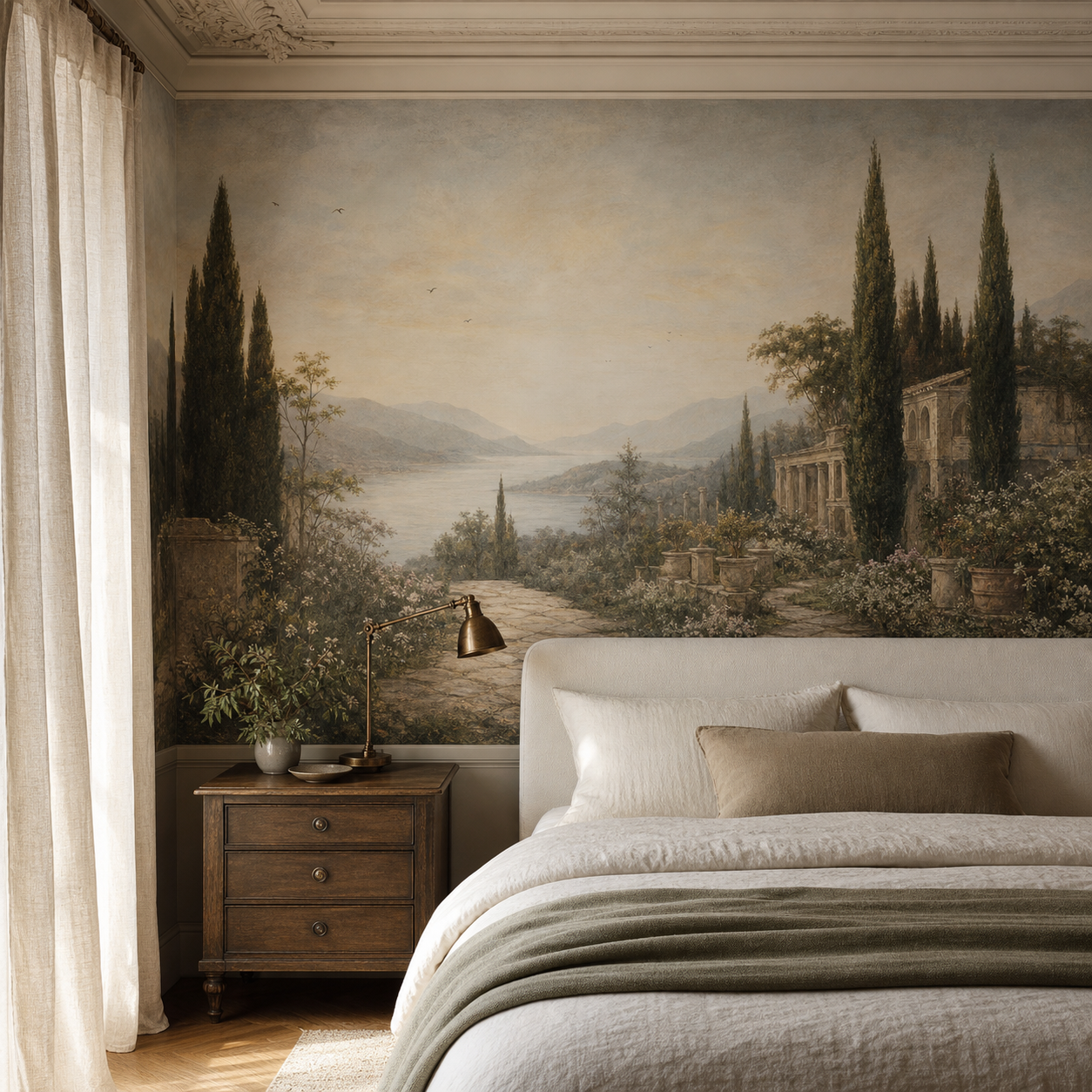 Luxury primary bedroom with an original dawn landscape wall mural, linen bedding, walnut furniture and soft morning light.