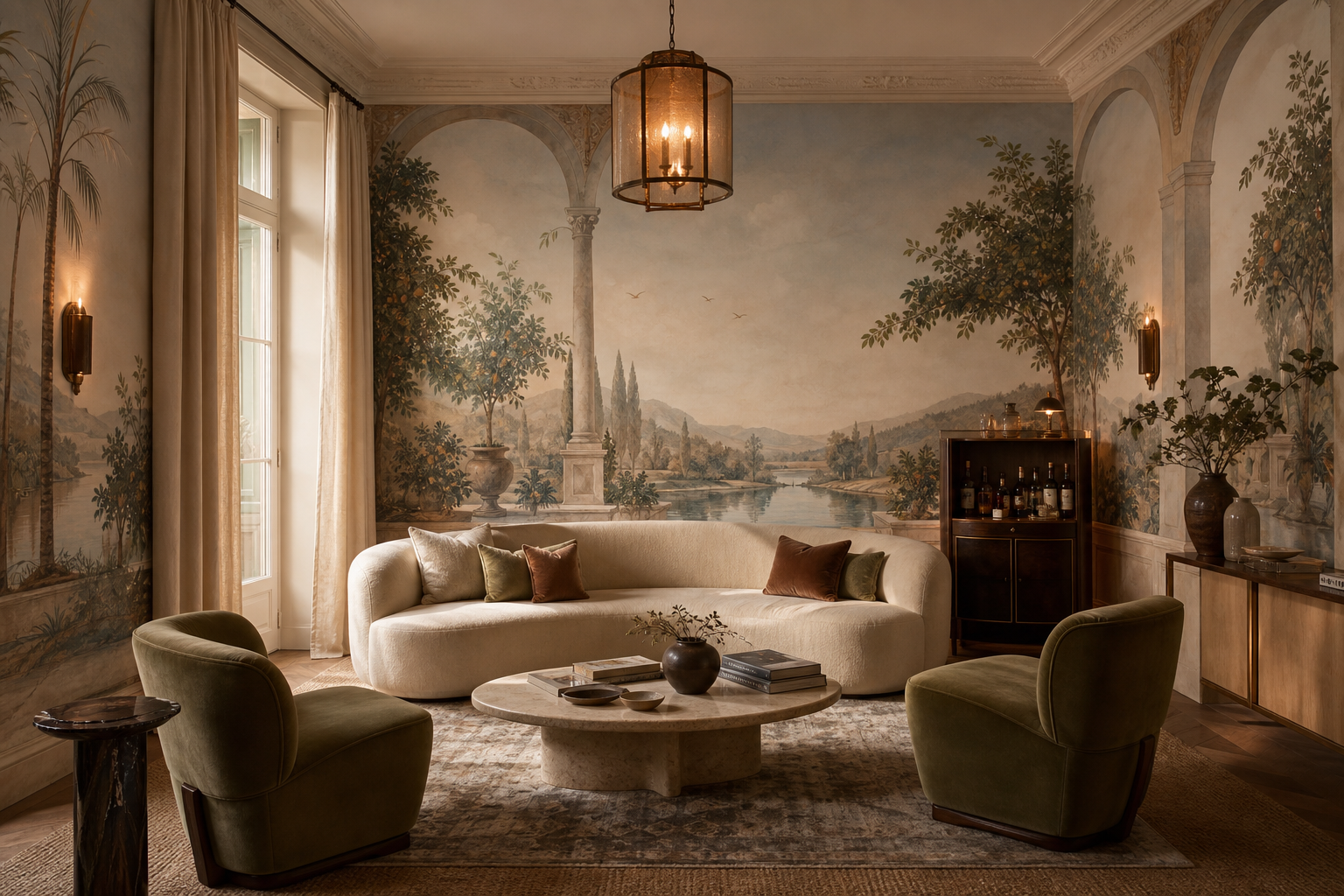 Luxury living room salon with an original twilight garden panoramic wall mural, curved sofa, lounge chairs and warm bronze lighting.