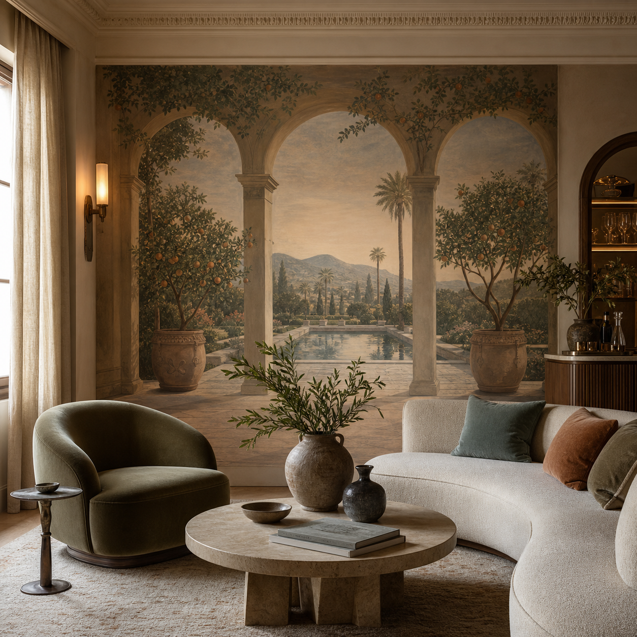 Luxury living room salon with an original twilight garden panoramic wall mural, curved sofa, lounge chairs and warm bronze lighting.