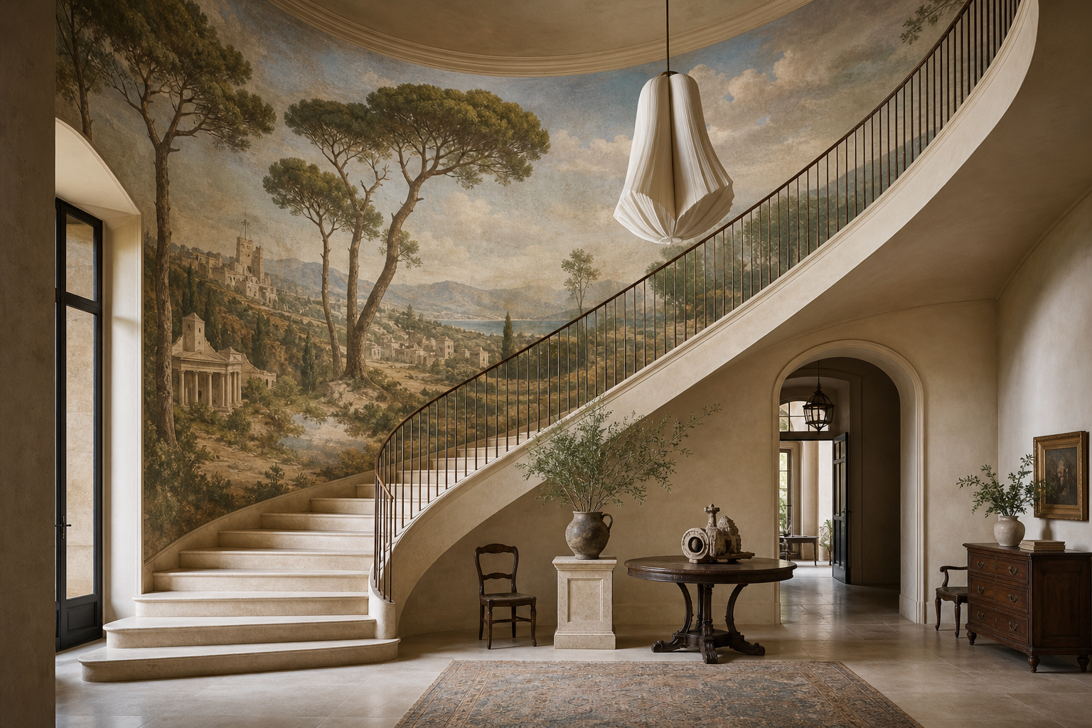 Luxury wall mural for a staircase Elegant curved staircase in a double-height interior with a panoramic Mediterranean landscape wall mural, bronze handrail and warm natural light.