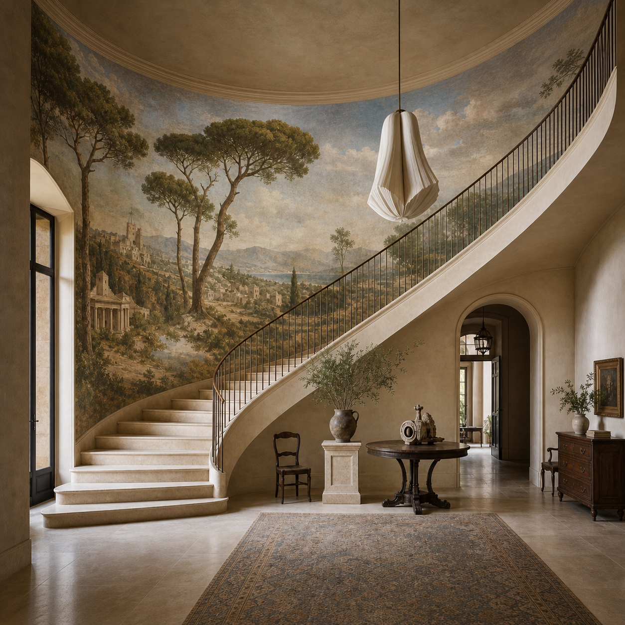 Elegant curved staircase with a bespoke Mediterranean panoramic wall mural in a refined double-height interior.