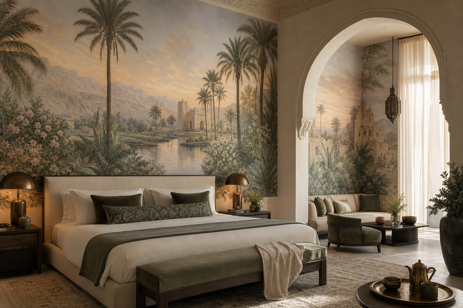Luxury boutique hotel suite with an original oasis garden panoramic wall mural, bronze lighting, linen curtains and calm dawn light.