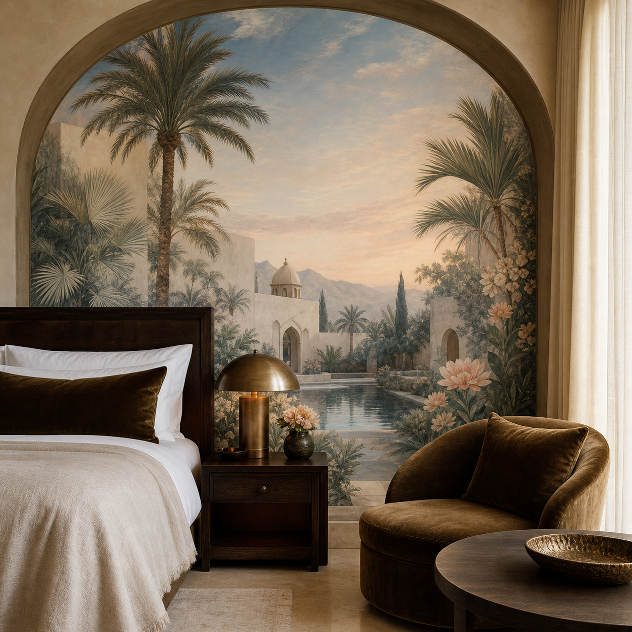 Luxury boutique hotel suite with an original oasis garden panoramic wall mural, bronze lighting, linen curtains and calm dawn light.