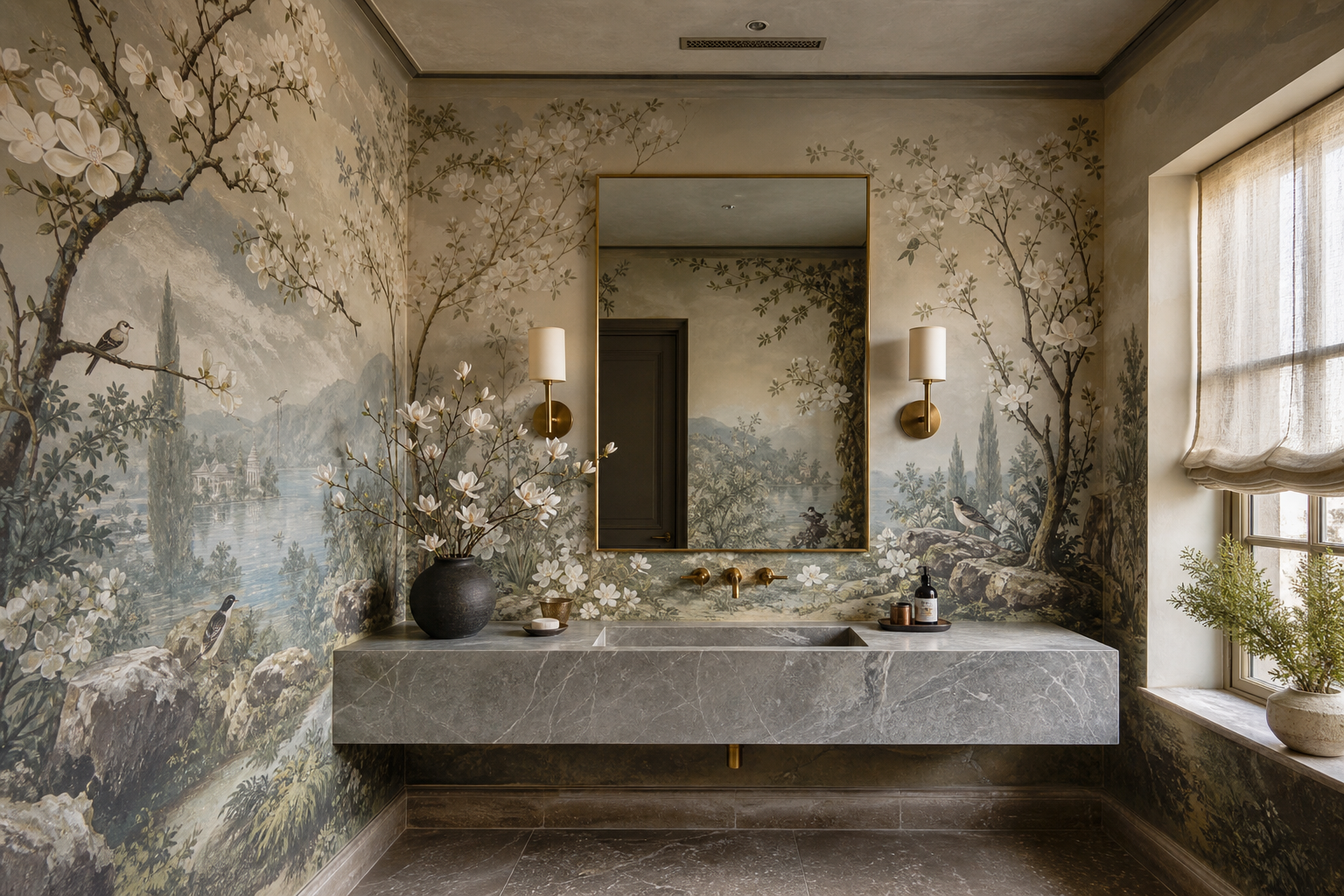 Luxury powder room with an original magnolia mist garden wall mural, honed marble vanity, aged brass taps and soft morning light.