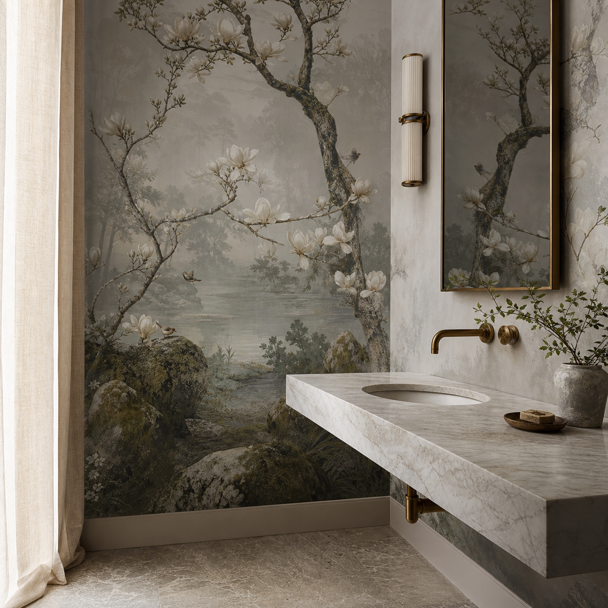 Luxury powder room with an original magnolia mist garden wall mural, honed marble vanity, aged brass taps and soft morning light.