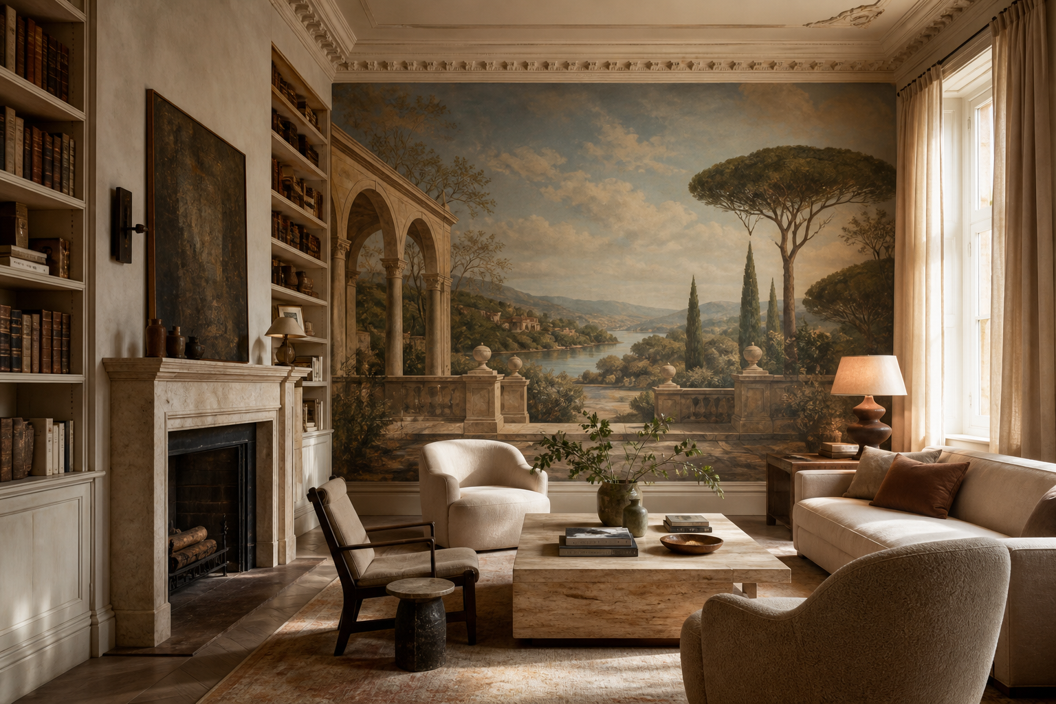 Refined neutral salon with an original atmospheric landscape wall mural, limestone fireplace, books, ivory seating and warm afternoon light.