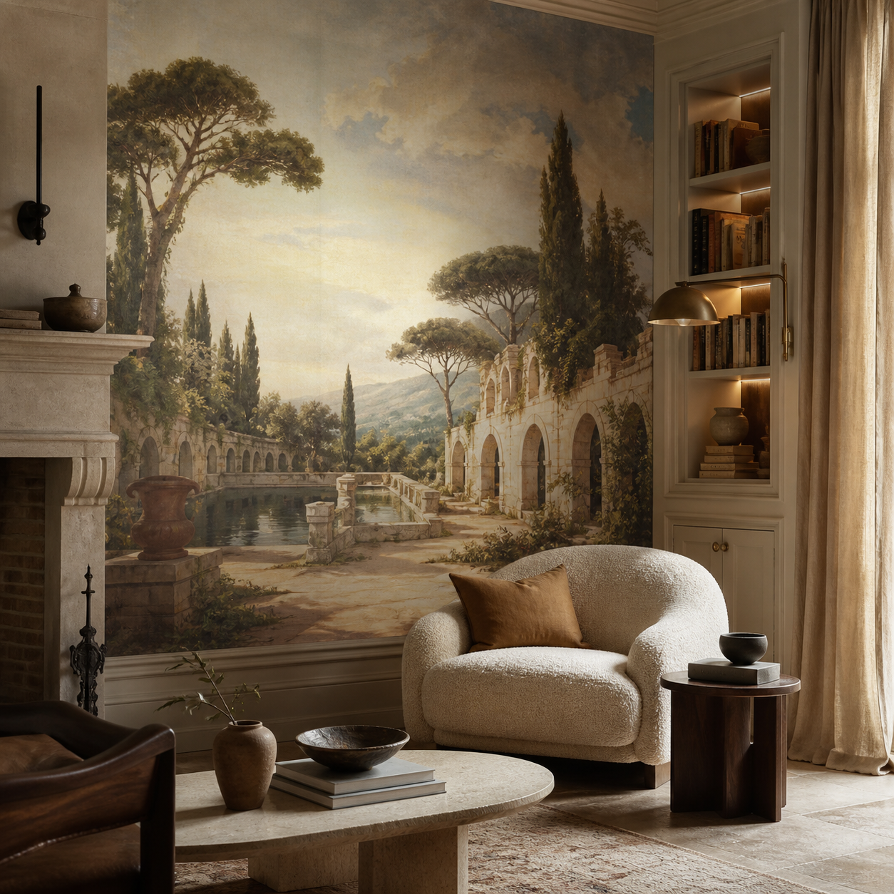 Refined neutral salon with an original atmospheric landscape wall mural, limestone fireplace, books, ivory seating and warm afternoon light.