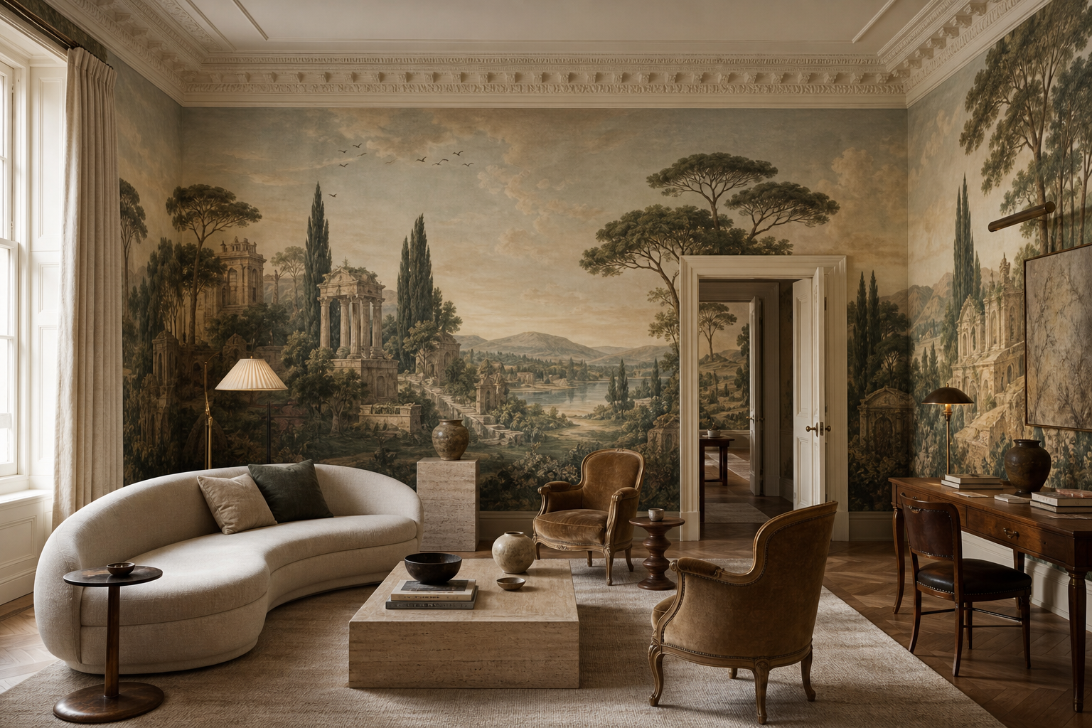 Luxury townhouse drawing room wrapped in original panoramic wallpaper with classical ruins, cypress trees, antique chairs and warm plaster architecture.