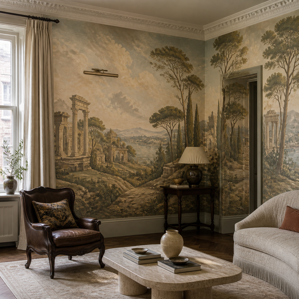 Luxury townhouse drawing room wrapped in original panoramic wallpaper with classical ruins, cypress trees, antique chairs and warm plaster architecture.