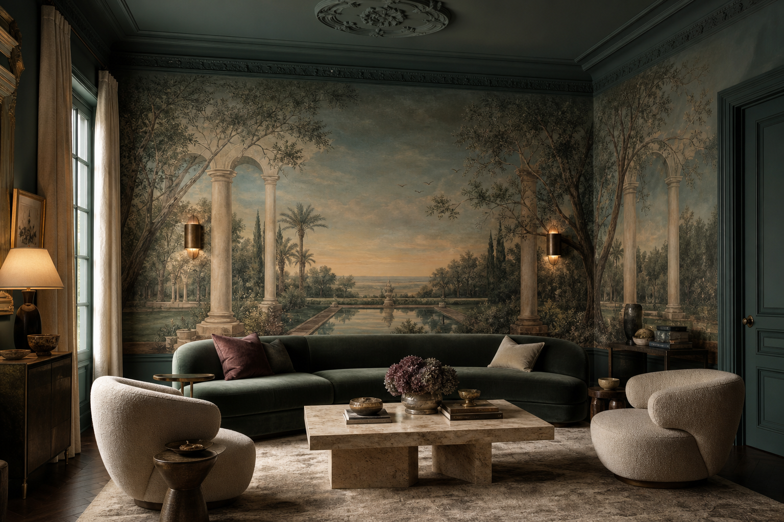 Color-drenched luxury salon with an original garden loggia panoramic wall mural, velvet seating, travertine table and bronze lighting.
