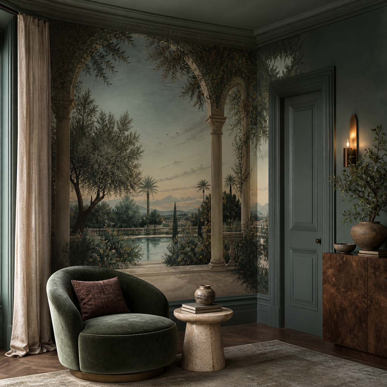 Color-drenched luxury salon with an original garden loggia panoramic wall mural, velvet seating, travertine table and bronze lighting.