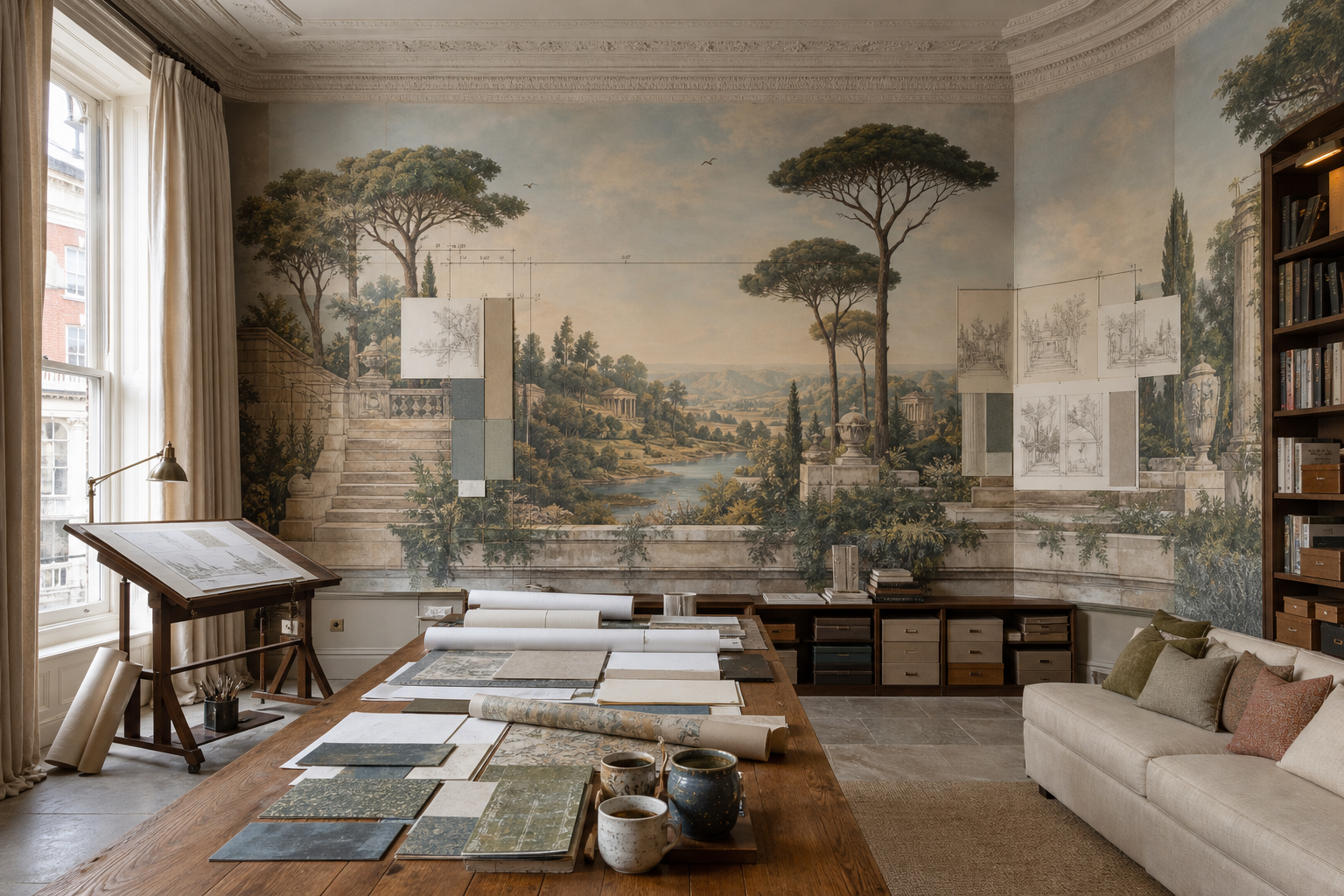 Luxury design studio with an original bespoke classical garden wall mural, drafting table, wallcovering samples and warm daylight.