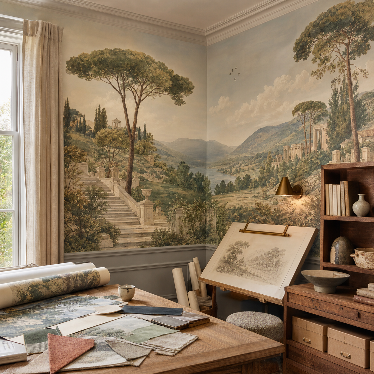 Luxury design studio with an original bespoke classical garden wall mural, drafting table, wallcovering samples and warm daylight.