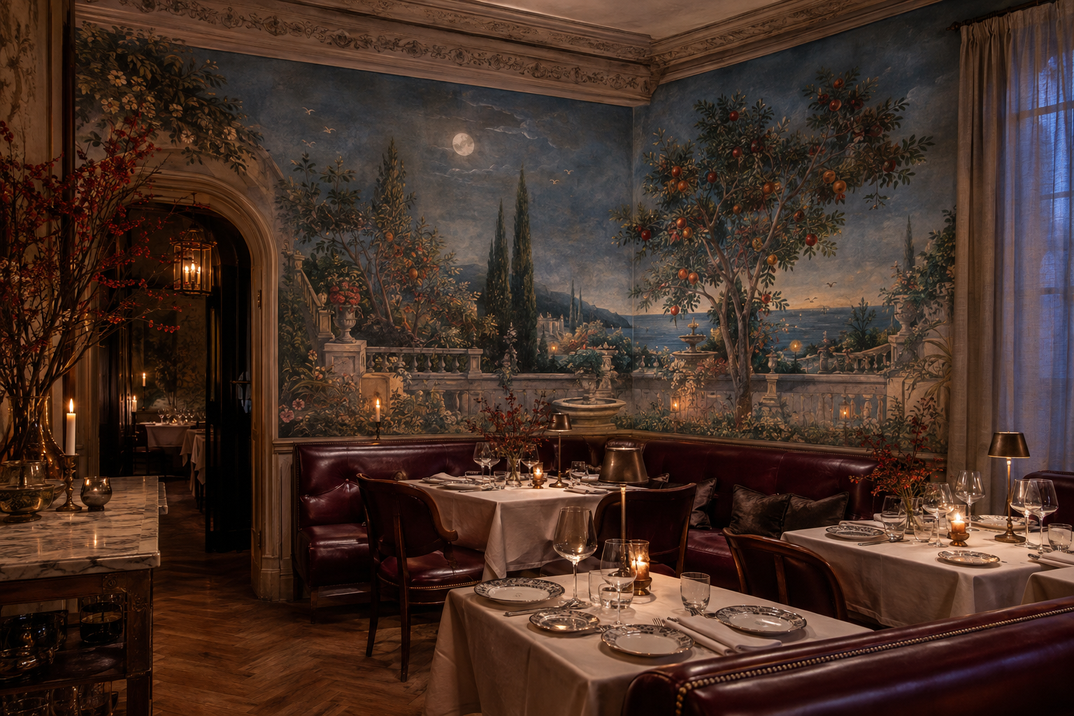 Luxury private restaurant dining room with an original moonlit garden wall mural, burgundy banquettes, linen tables and candlelight.