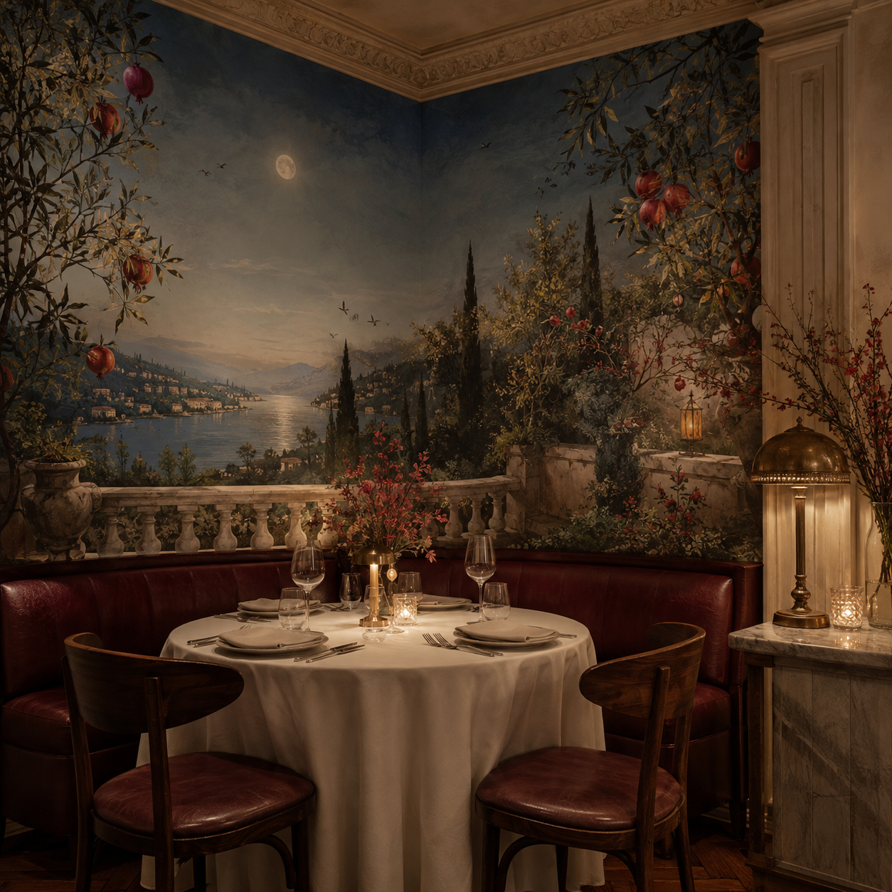 Luxury private restaurant dining room with an original moonlit garden wall mural, burgundy banquettes, linen tables and candlelight.