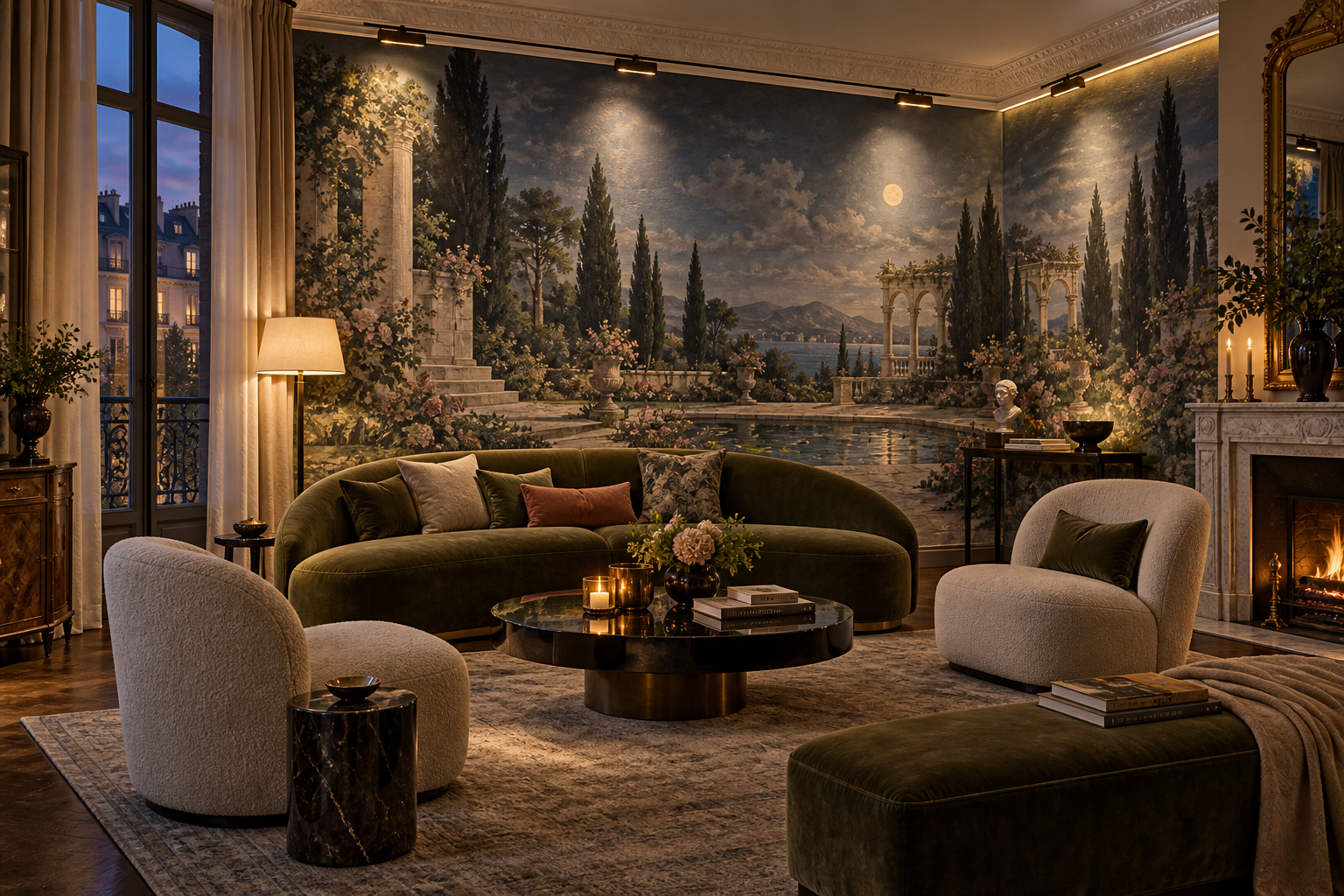 Luxury Paris salon with an original moonlit garden wall mural, moss velvet seating, warm picture lights and discreet wall-washing.