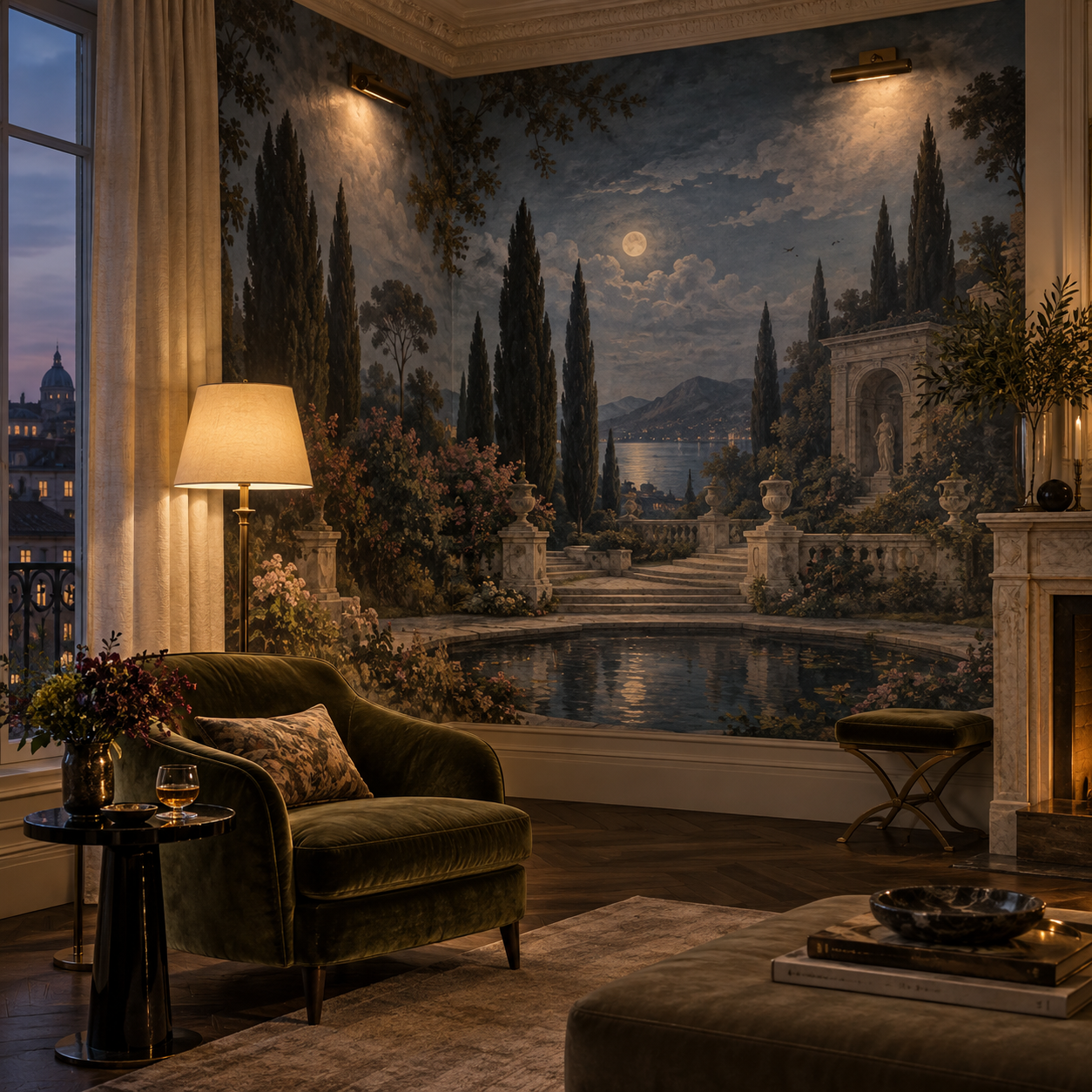 Luxury Paris salon with an original moonlit garden wall mural, moss velvet seating, warm picture lights and discreet wall-washing.