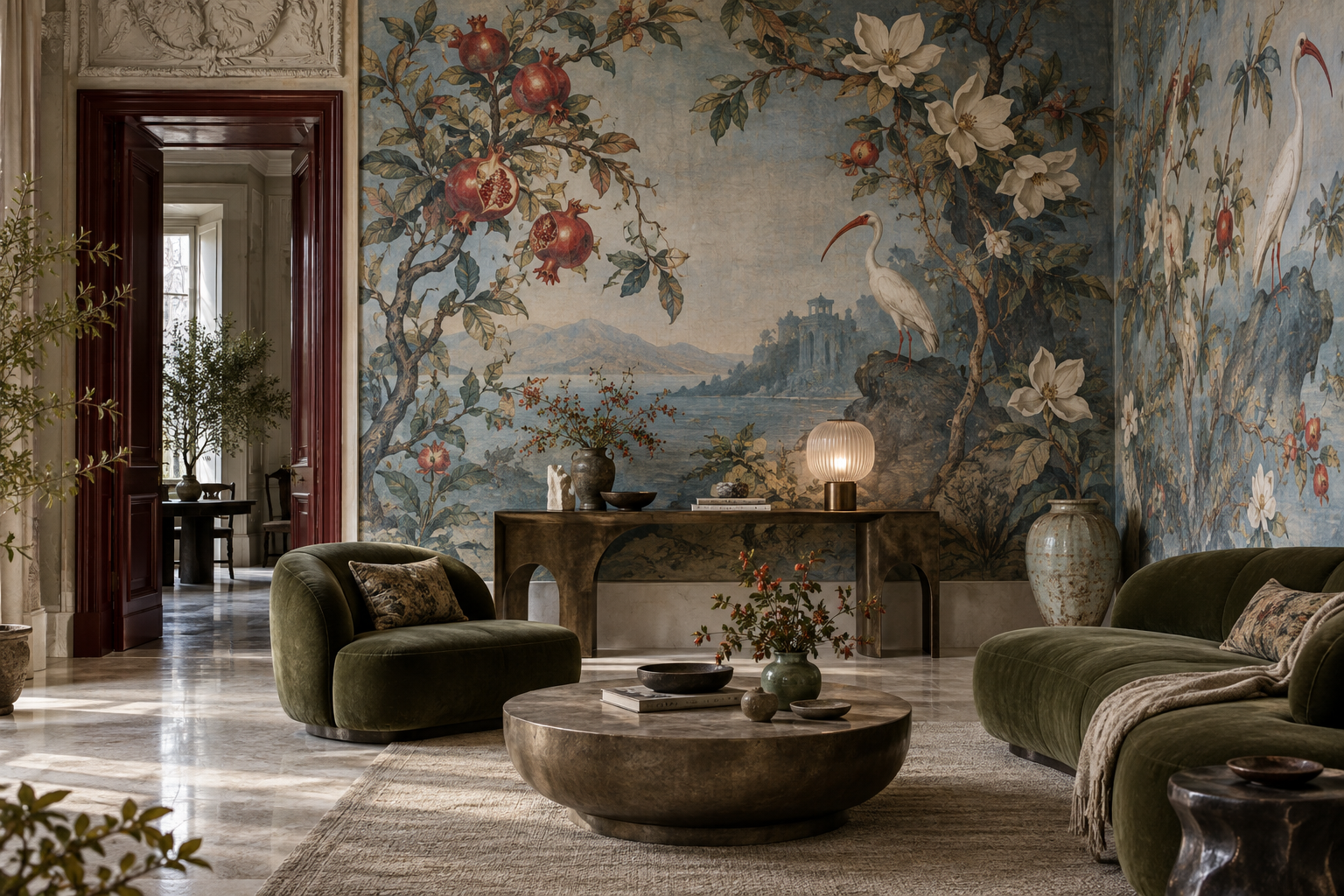 Luminous luxury salon with an original hand-painted botanical wall mural on silk, oxblood lacquer, travertine and sculptural furniture.