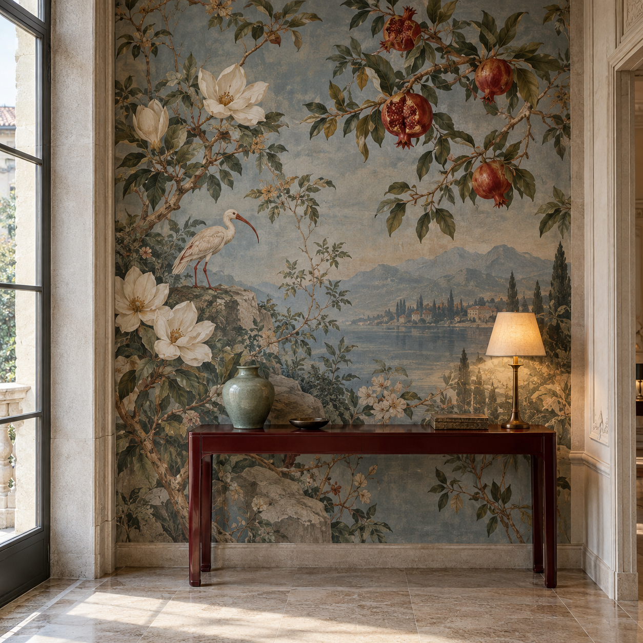 Luminous luxury salon with an original hand-painted botanical wall mural on silk, oxblood lacquer, travertine and sculptural furniture.